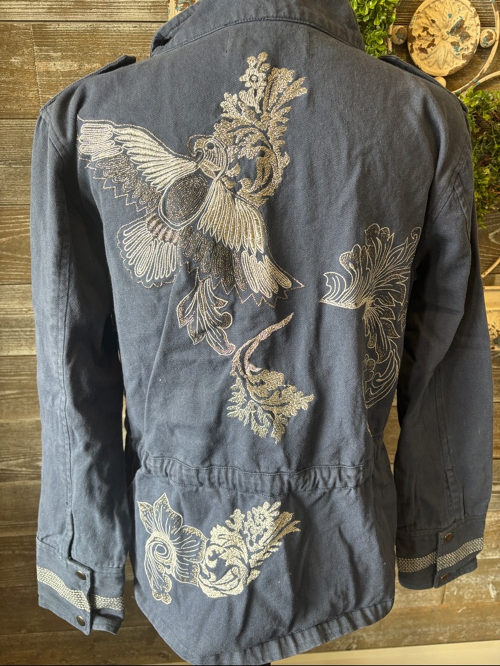 Sheryl Crow (Size M) Women’s Embroidered Navy Jacket with Bird Motif